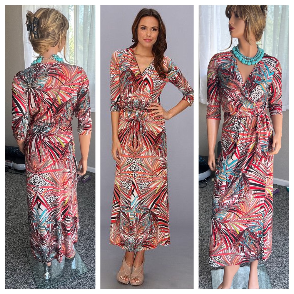 NWOT Ellen Tracy Vibrant Faux Wrap Maxi Dress V-neck 3/4 Sleeve